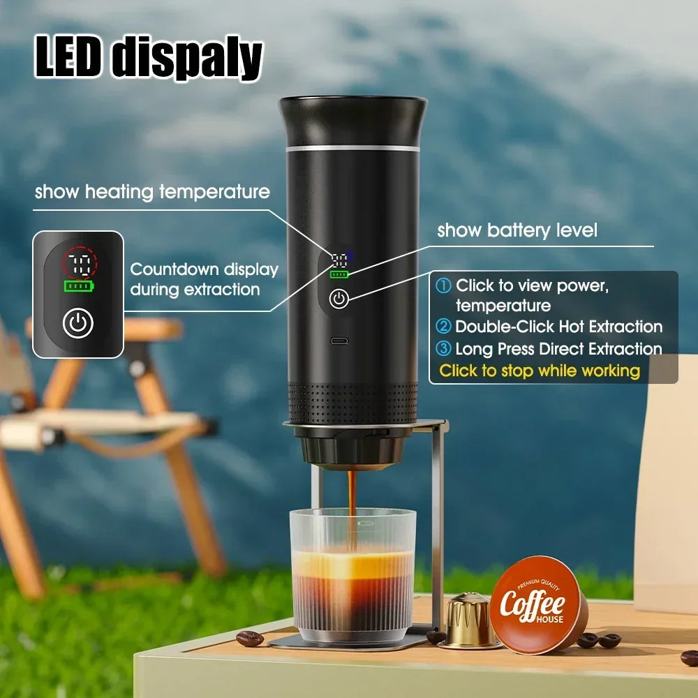Machine à café expresso portable sans fil — voiture, camping, réservoir 80 ml, affichage numérique, 3 en 1, capsules et poudres