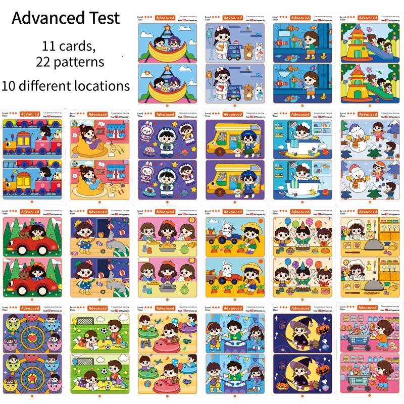 Juego de cartas educativo y reutilizable de dibujos animados para niños Encuentra las diferencias Encuentra niveles de dificultad para entrenar la atención y la concentración