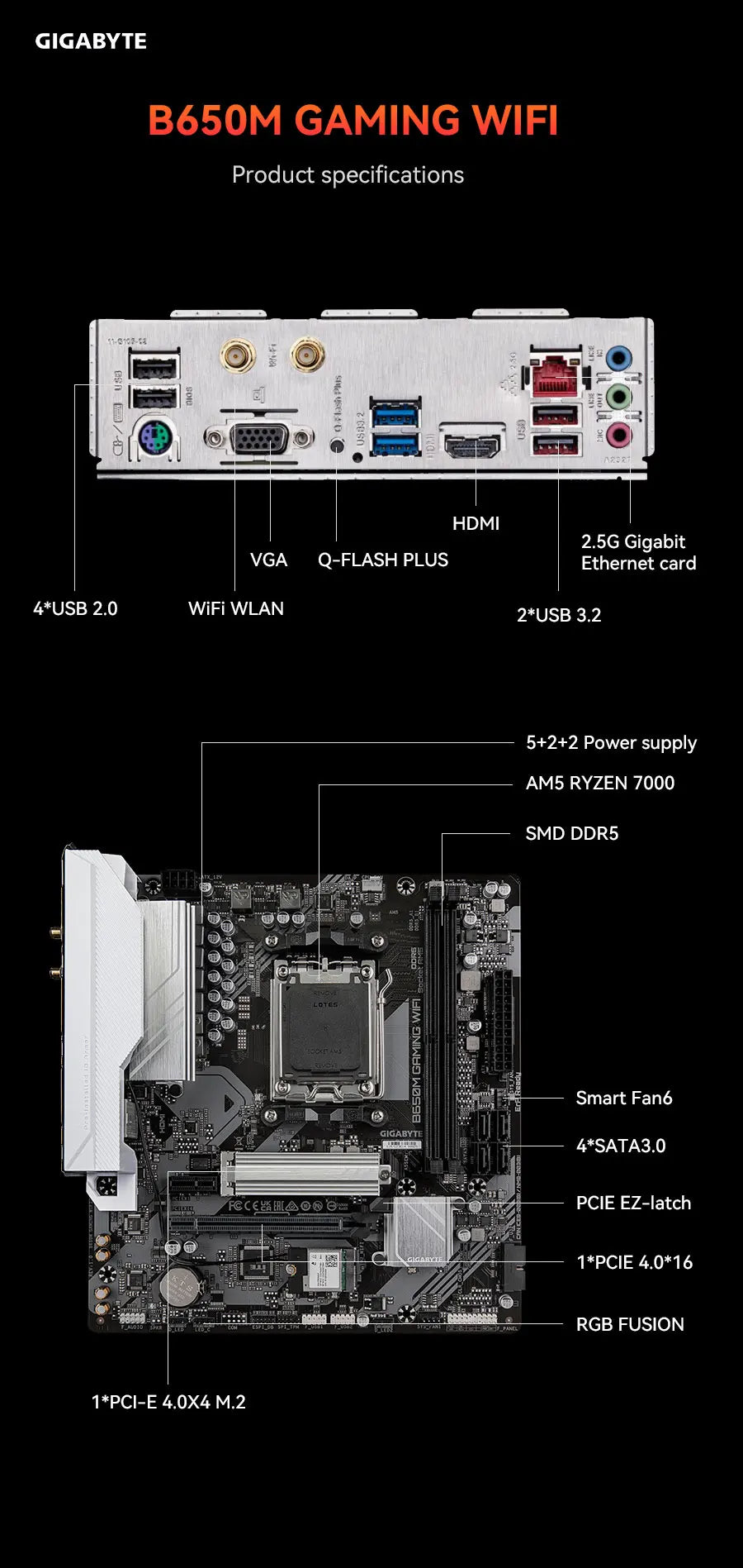 GIGABYTE B650M GAMING WIFI nouveau Support pour DDR5 M.2 AMD Ryzen 7000/8000/9000 séries processeurs Socket AM5 carte mère