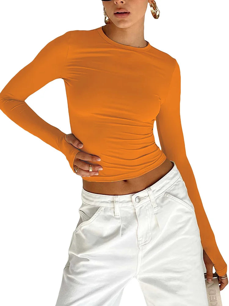 Haut Court Femme Manches Longues Trous Pouces — Streetwear Coupe Ajustée