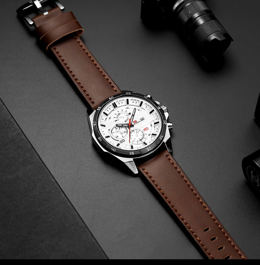 Montres de sport pour hommes, série de course de mode, 46mm, horloge en cuir noir VA VA VOOM, mouvement à Quartz 3Bar, montre-bracelet étanche pour hommes