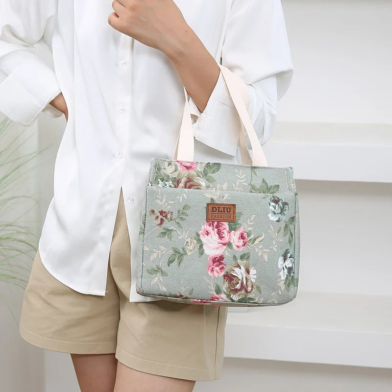 Bolsa de almuerzo estética con estampado floral, bolsa bento aislada de gran capacidad, bolsa térmica para la escuela, el trabajo, los viajes y pícnic