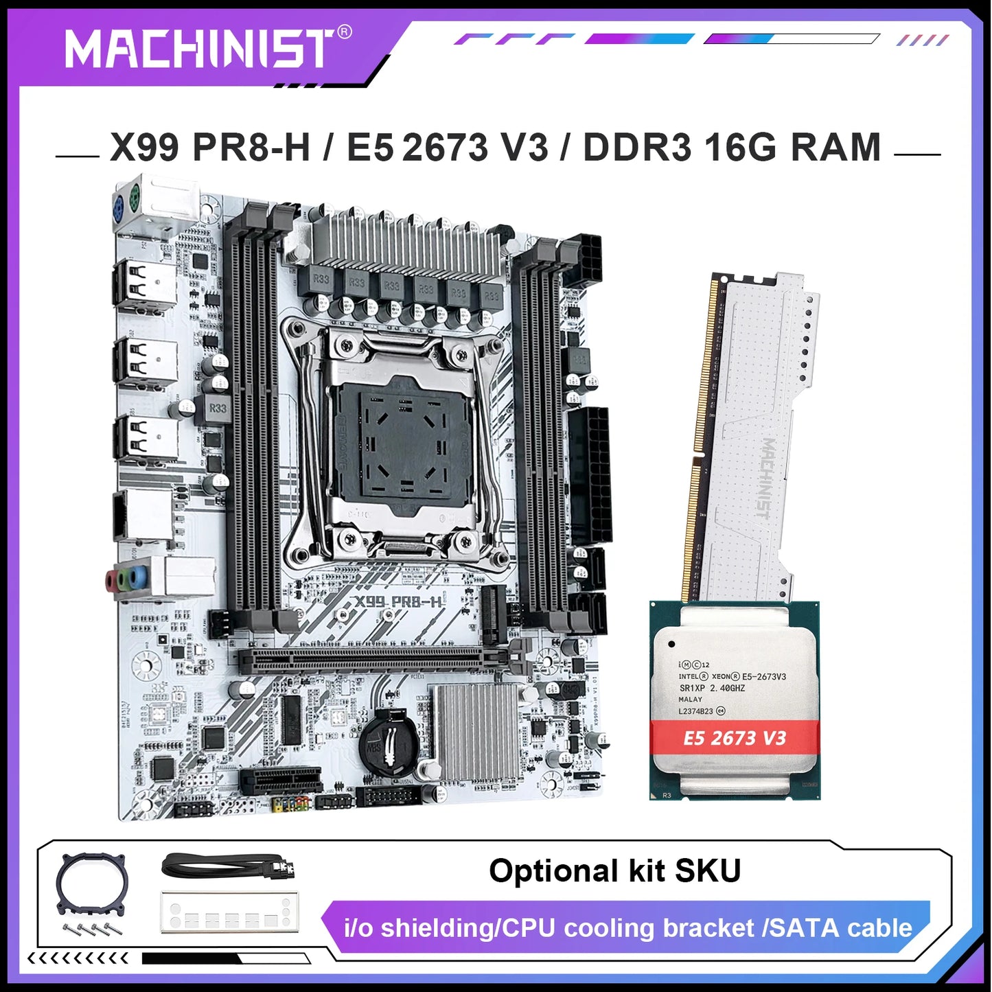 MACHINIST X99 carte mère Intel Xeon E5 2673 V3 CPU LGA2011-3 DDR3 16GB RAM NVME/SATA M.2 blanc PR8-H