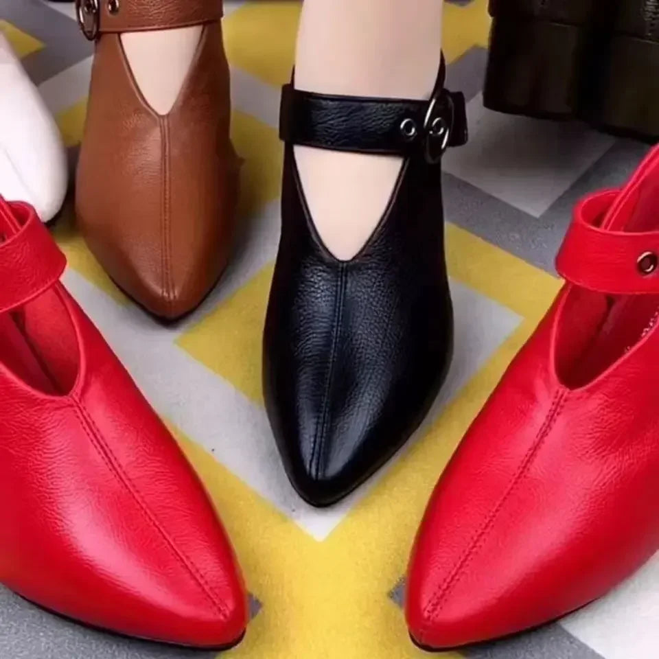 Women's Pointed Toe Block Heel Shoes, Retro Belt Buckle High Heels, Black, New 2024 Collection