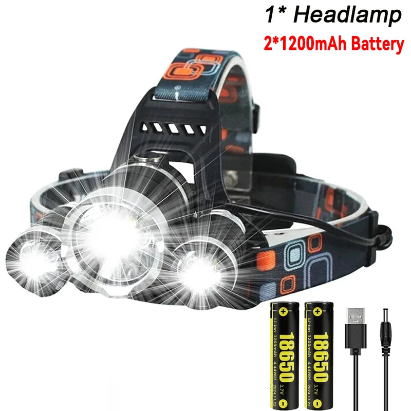 Lampe frontale rechargeable USB 2*18650, puissante lampe torche LED, lanterne étanche, lampe frontale portable pour la pêche et le camping