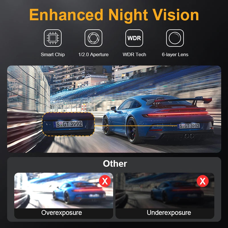Dashcam voiture 10 pouces 4K Super Vision nocturne — écran tactile, double objectif, enregistreur de tableau de bord