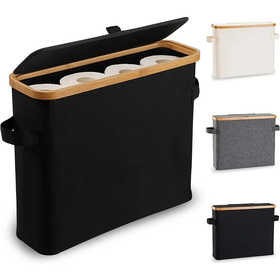 Bamboo Toilet Paper Holder with Lid - Freestanding Bathroom Organizer with Handle, Enclosed Tissue Storage Box