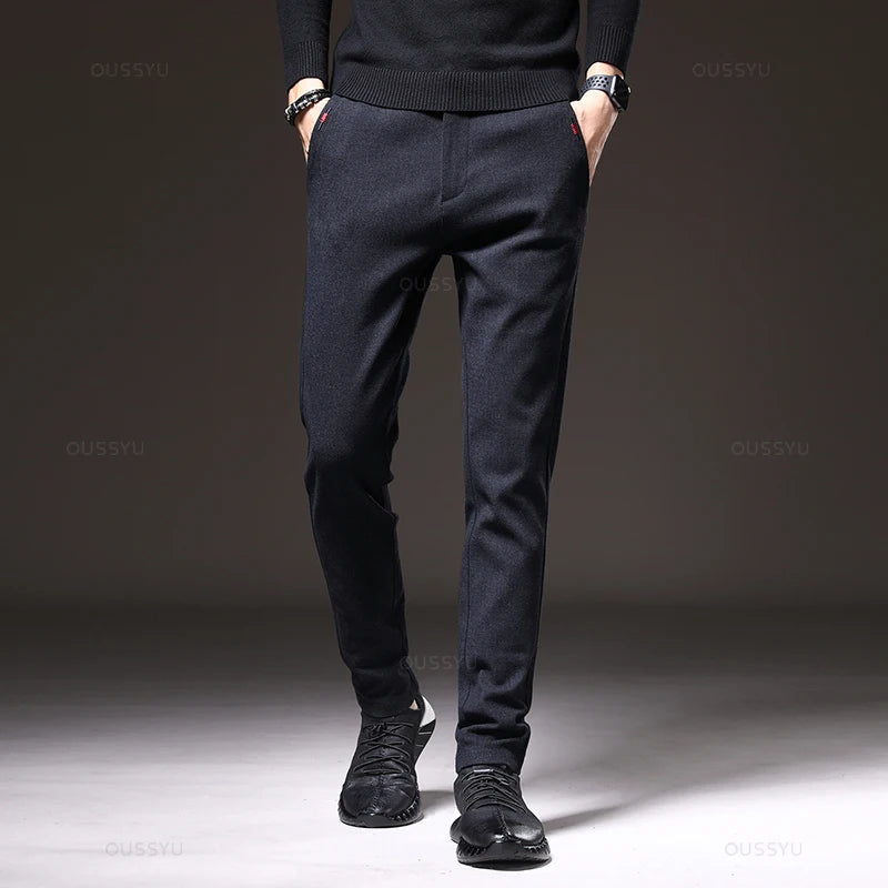 Pantalon décontracté pour homme, coupe slim, taille élastique, extensible, en coton épais, gris et noir, style business, nouvelle collection printemps