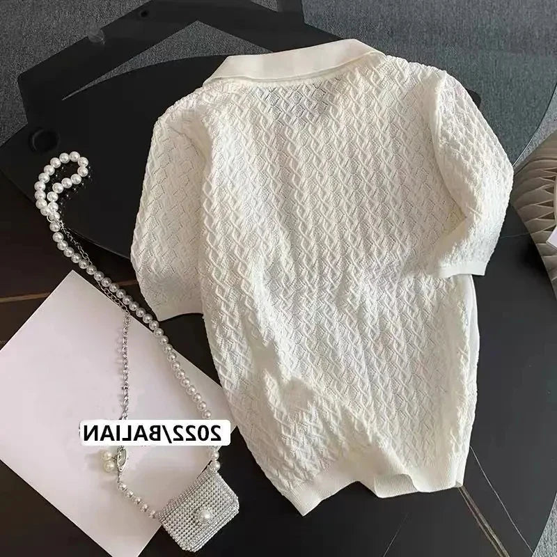 Polo en soie glacée tricoté à manches courtes, T-shirt d'été chic et fin, hauts jacquard uniques pour femmes, style coréen 2026, vêtements pour femmes