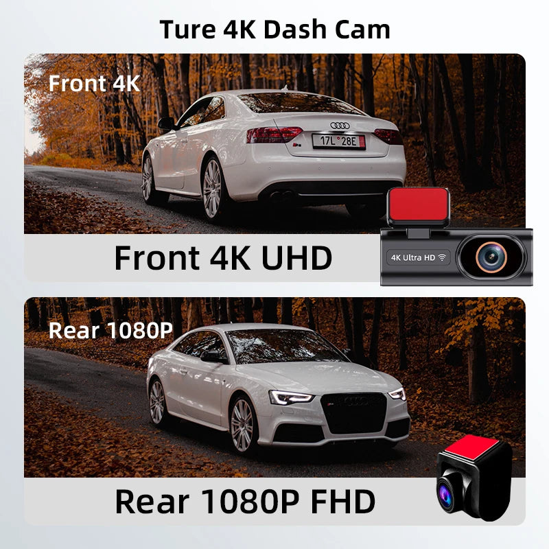 Ultra HD Dash Cam, 4K Loop Recording, Optional 24H Parking Monitoring, 1080P Night Vision, Rear Camera, Supports WiFi App Control