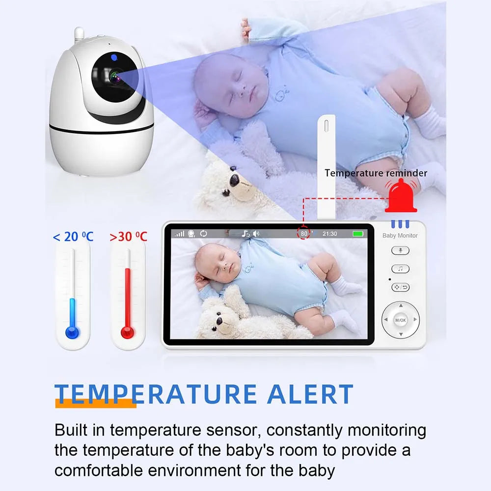 5-inch Video Baby Monitor with Camera, PTZ Zoom, Security Protection, Surveillance Cameras, Temperature Sensor, Lullaby
