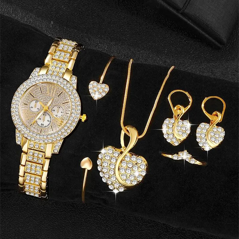 Reloj de cuarzo de lujo dorado para mujer, juego de joyas, anillo, collar, pendientes, diamantes de imitación, moda casual