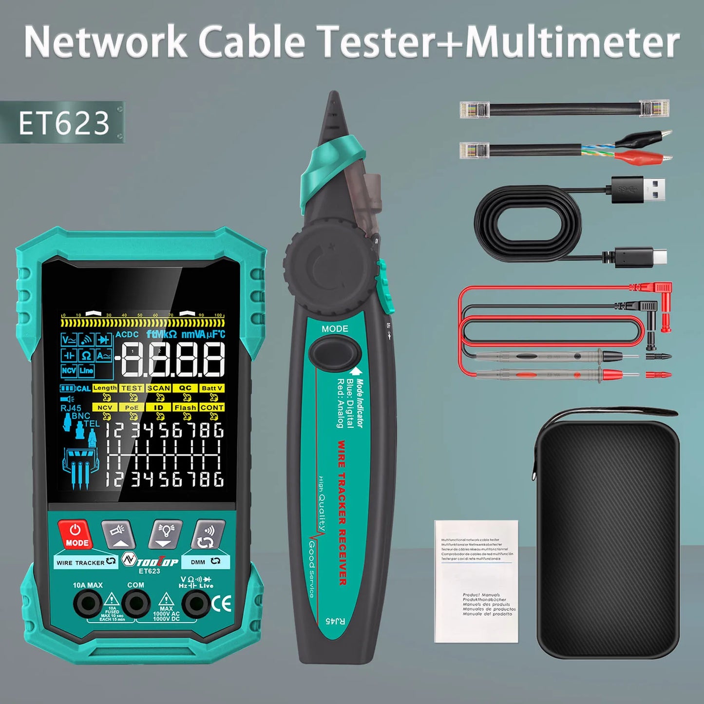 TOOLTOP – testeur de câbles réseau multifonctionnel de 3.2 pouces, 400M, Test POE, cartographie de câbles LAN, multimètre, outil de suivi de ligne téléphonique NCV
