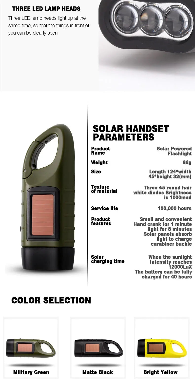 Lampe de poche LED à manivelle, équipement de survie Rechargeable à énergie solaire, torche de charge auto-alimentée, Dynamo pour pêche, bateau, randonnée