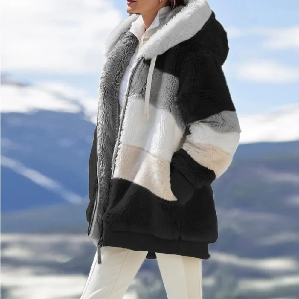 Abrigo de invierno para mujer 2025, chaqueta de mujer con cremallera y capucha, empalmado, cachemira gruesa, chaqueta de mujer, costura a cuadros, abrigos de mujer