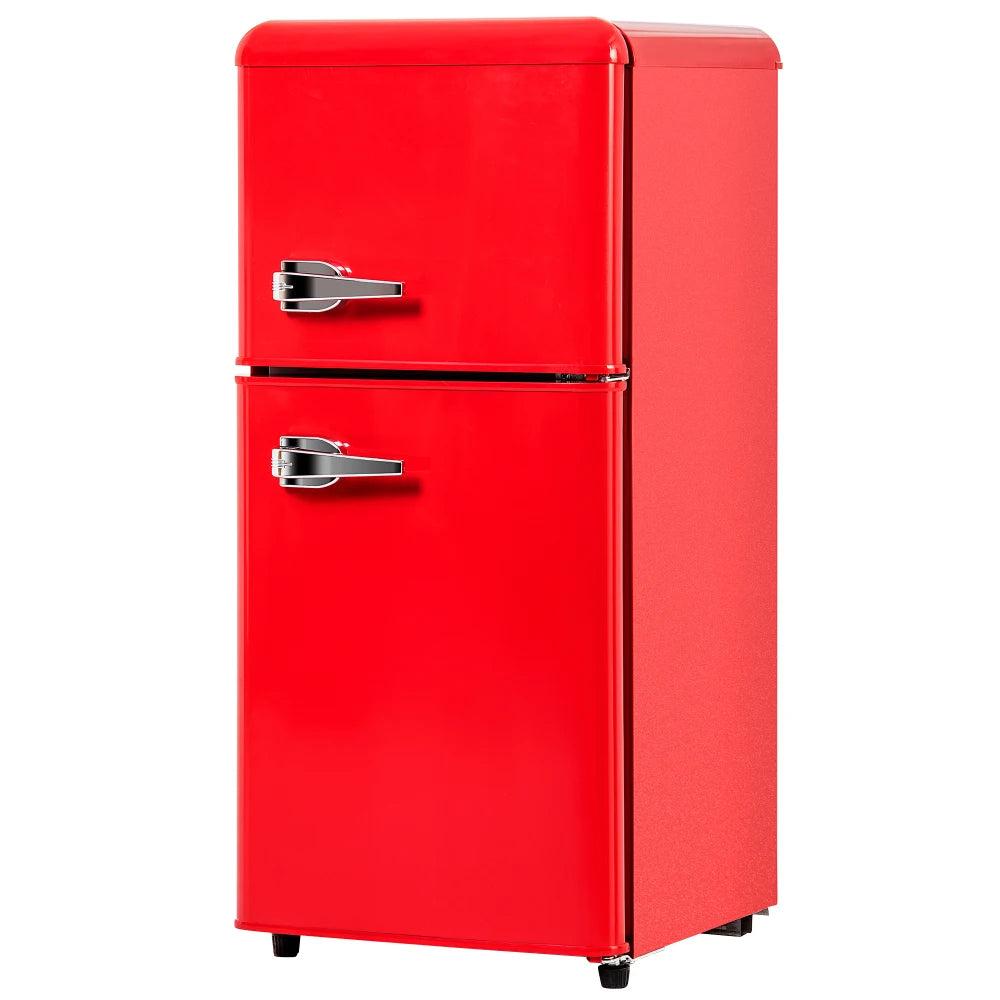 Combinaison réfrigérateur-congélateur rétro 45,5 cm de large, 2 portes 60 litres de volume total, volume de congélateur 22 litres. 102 KWh/année,