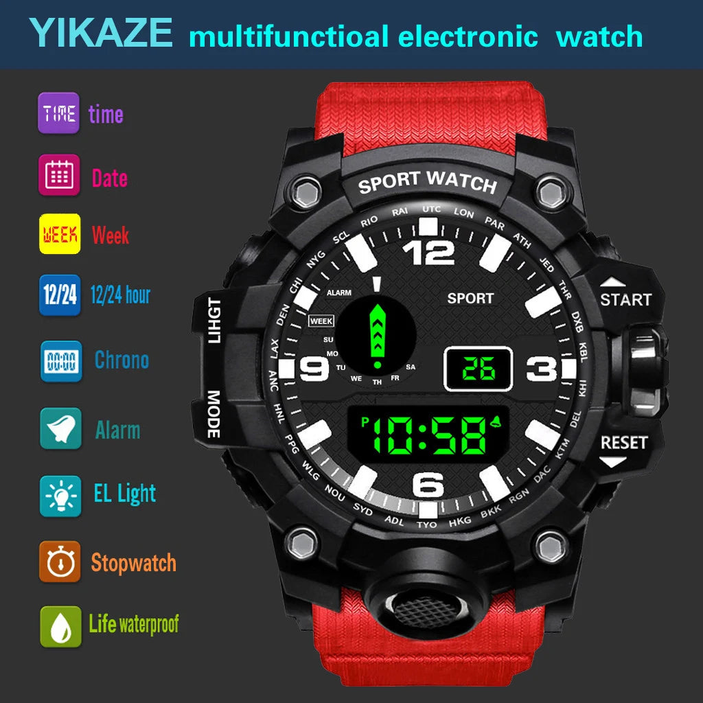 Reloj de pulsera deportivo electrónico de moda para hombre, esfera grande multifuncional impermeable, alarma luminosa, reloj militar para niños y hombres