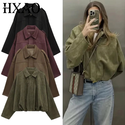 HXAO femmes Bomber veste revers fermeture éclair manches longues veste en daim femmes 2025 haute rue recadrée vestes de course manteaux vêtements d'extérieur