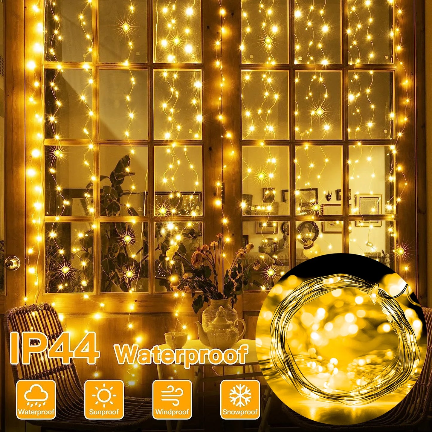 Cortina de luces LED con control remoto USB, 8 modos, decoración navideña para el hogar, vacaciones, Año Nuevo