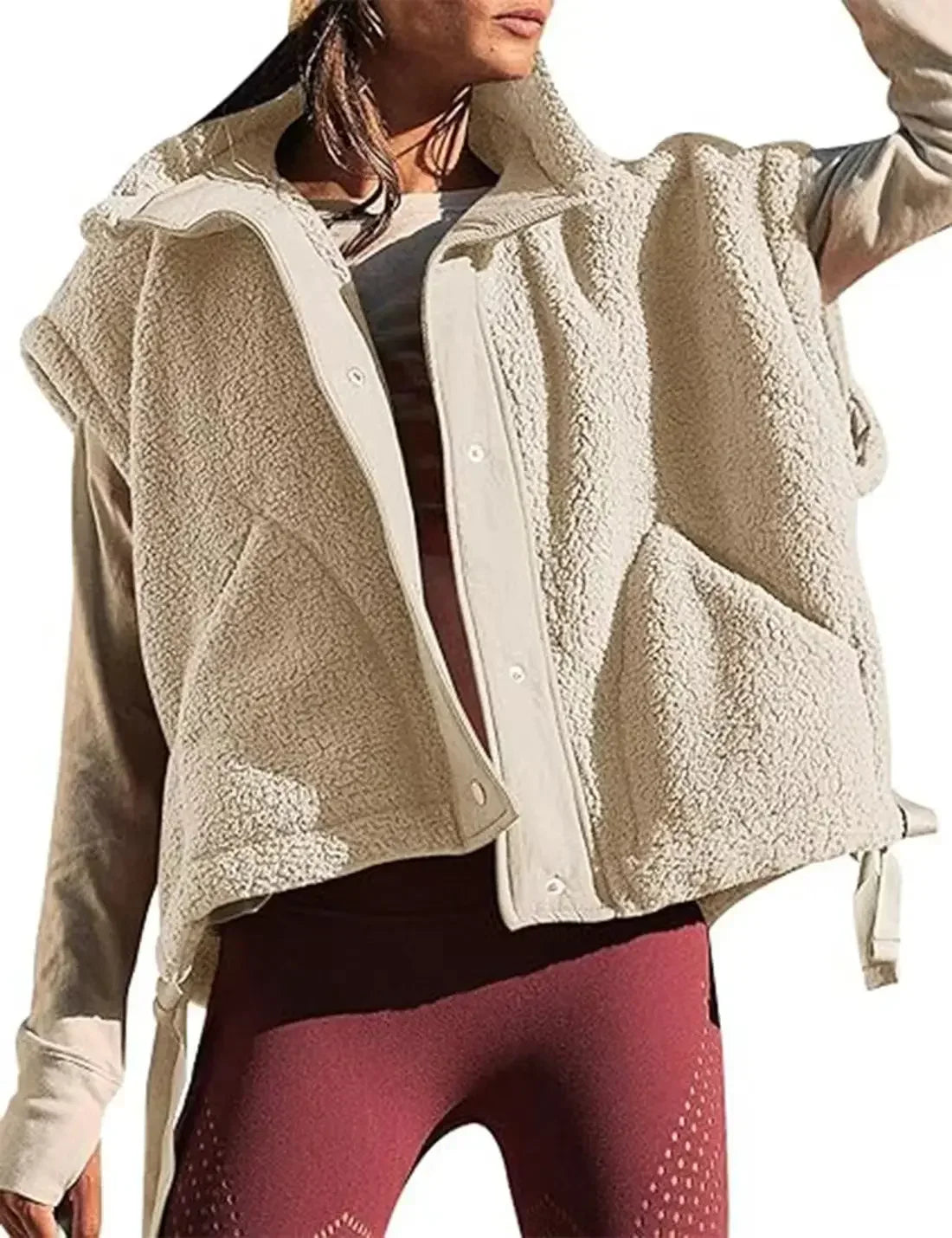 Chaleco polar de felpa para mujer, de talla grande, sin mangas, Sherpa, cálido, con botones, prendas de abrigo con bolsillos
