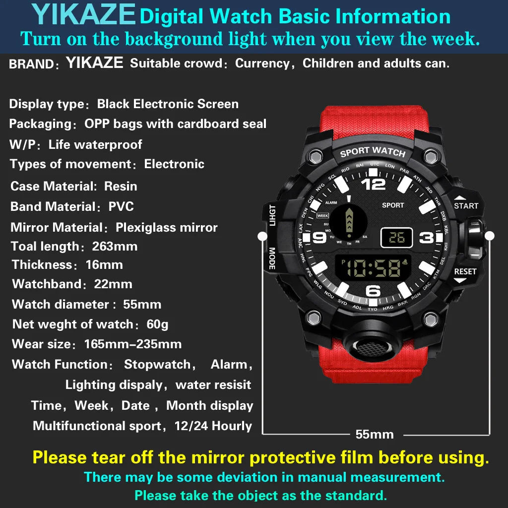 Reloj de pulsera deportivo electrónico de moda para hombre, esfera grande multifuncional impermeable, alarma luminosa, reloj militar para niños y hombres