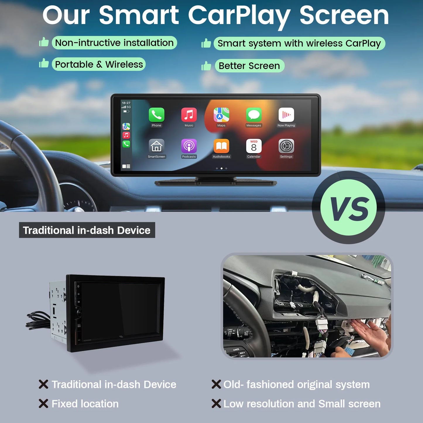 Écran sans fil portable 10 pouces pour voiture — navigation GPS, stéréo audio, lien miroir