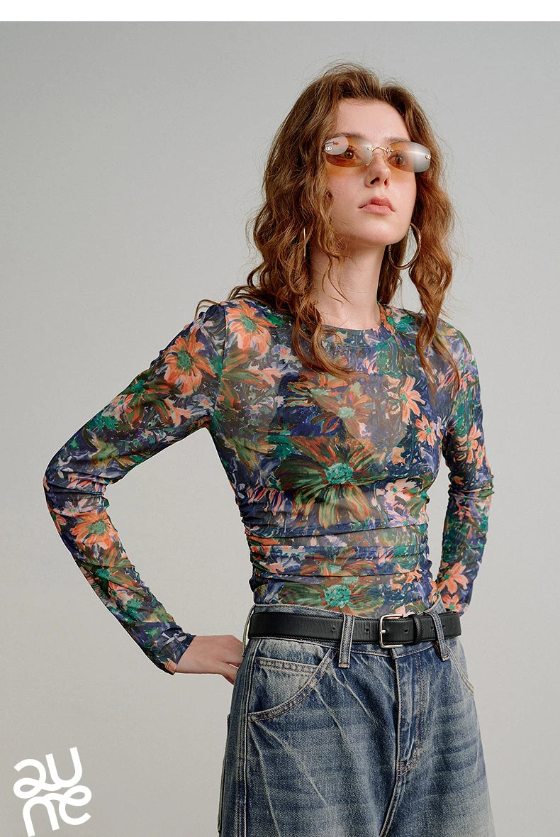 T-shirt femme en maille imprimé 2026 — printemps, taille découpée, Y2K, hauts courts