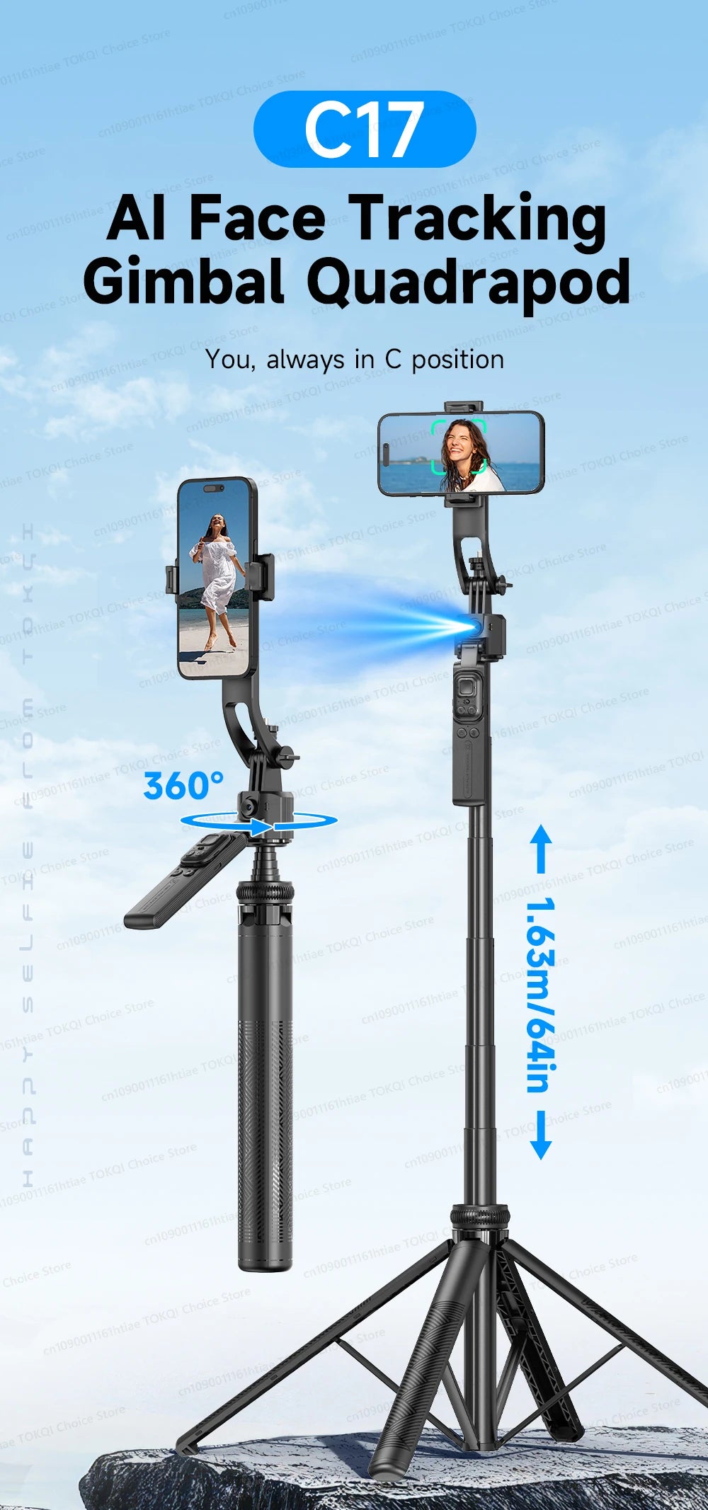 TOKQI C17 – Trépied selfie 360° avec suivi IA automatique, télécommande et lumière de remplissage