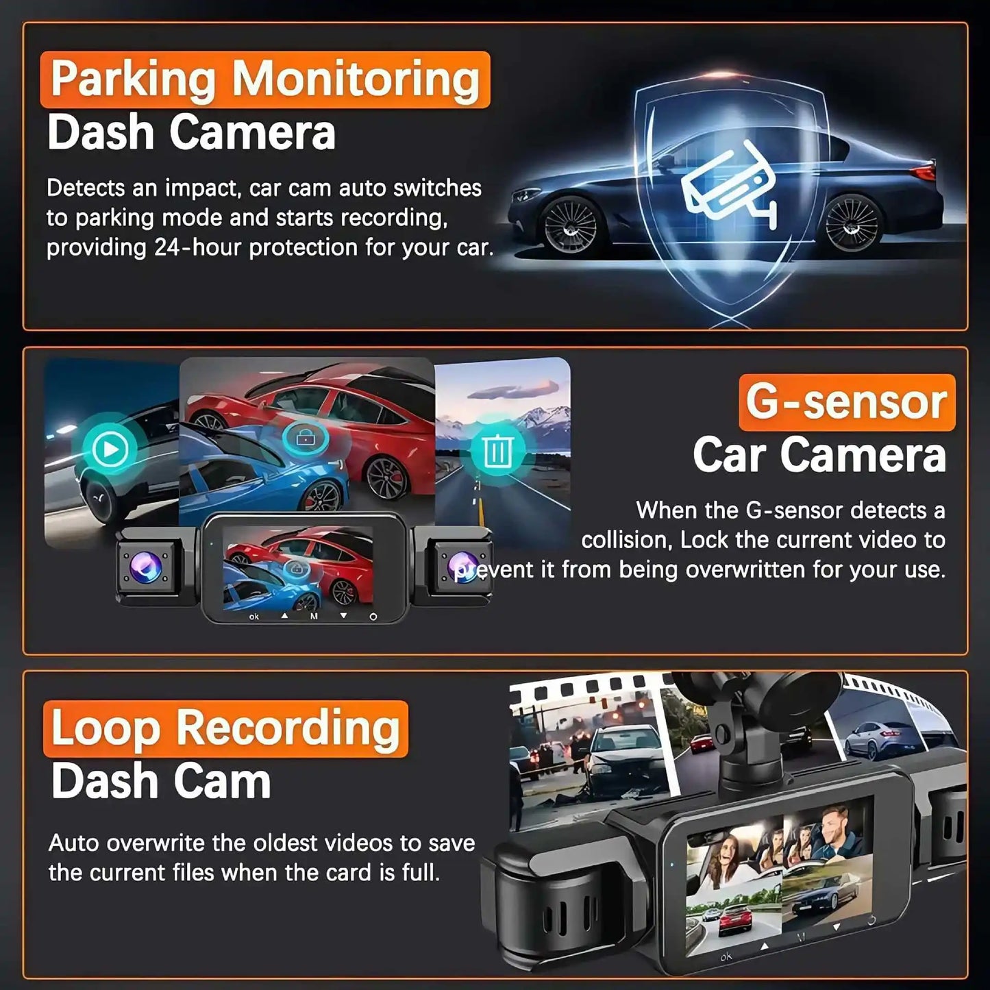 4-channel WiFi car dashcam DVR dashcams for car 24h rear box parking mode interior front and rear 360 dash cam
