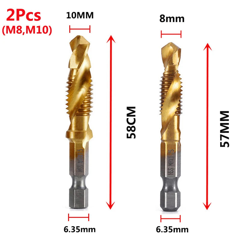 Forets tarauds plaqués titane tige hexagonale HSS — M3, M5, M6, M8, M10, outils à main