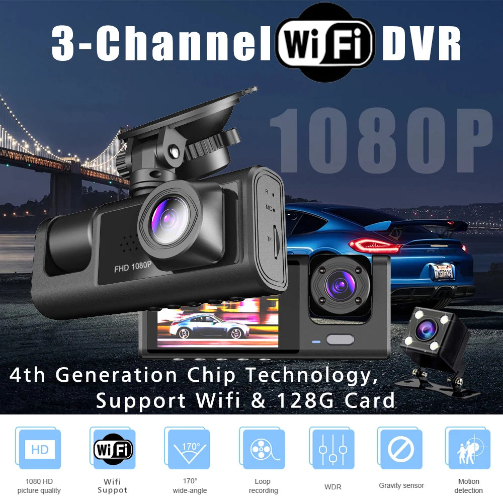 3 cámaras WIFI Dash Cam cabina de coche Dvr 1080P vehículo interior tres vías canal Dvr grabador grabador de vídeo Dashcam videocámara