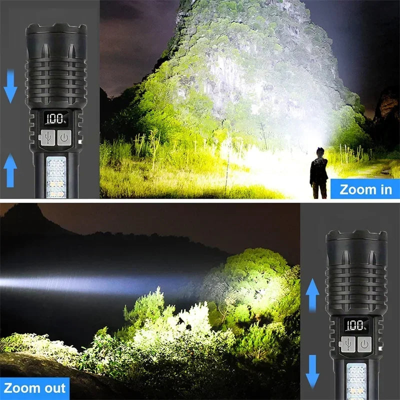 High Power LED Flashlight, Type-C Rechargeable Waterproof Torch with COB Side Light, Portable Zoom Outdoor Lamp for Camping and Hiking