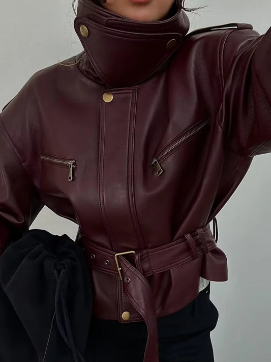 Women's Solid Burgundy Slim-Fit Lace-Up High-Neck Zip Bucket Fashion Short Jackets 2025 Ladies High Street Coat