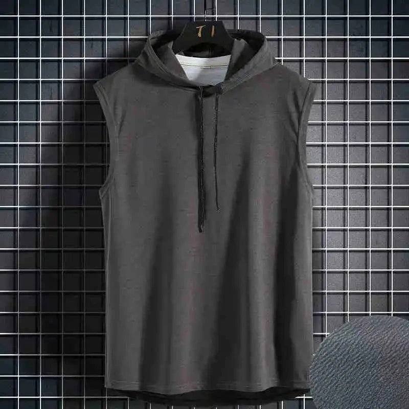 Men Tie Collar Hooded Sleeveless Vests Male Summer Loose Solid Hip Hop T-shirt Tops