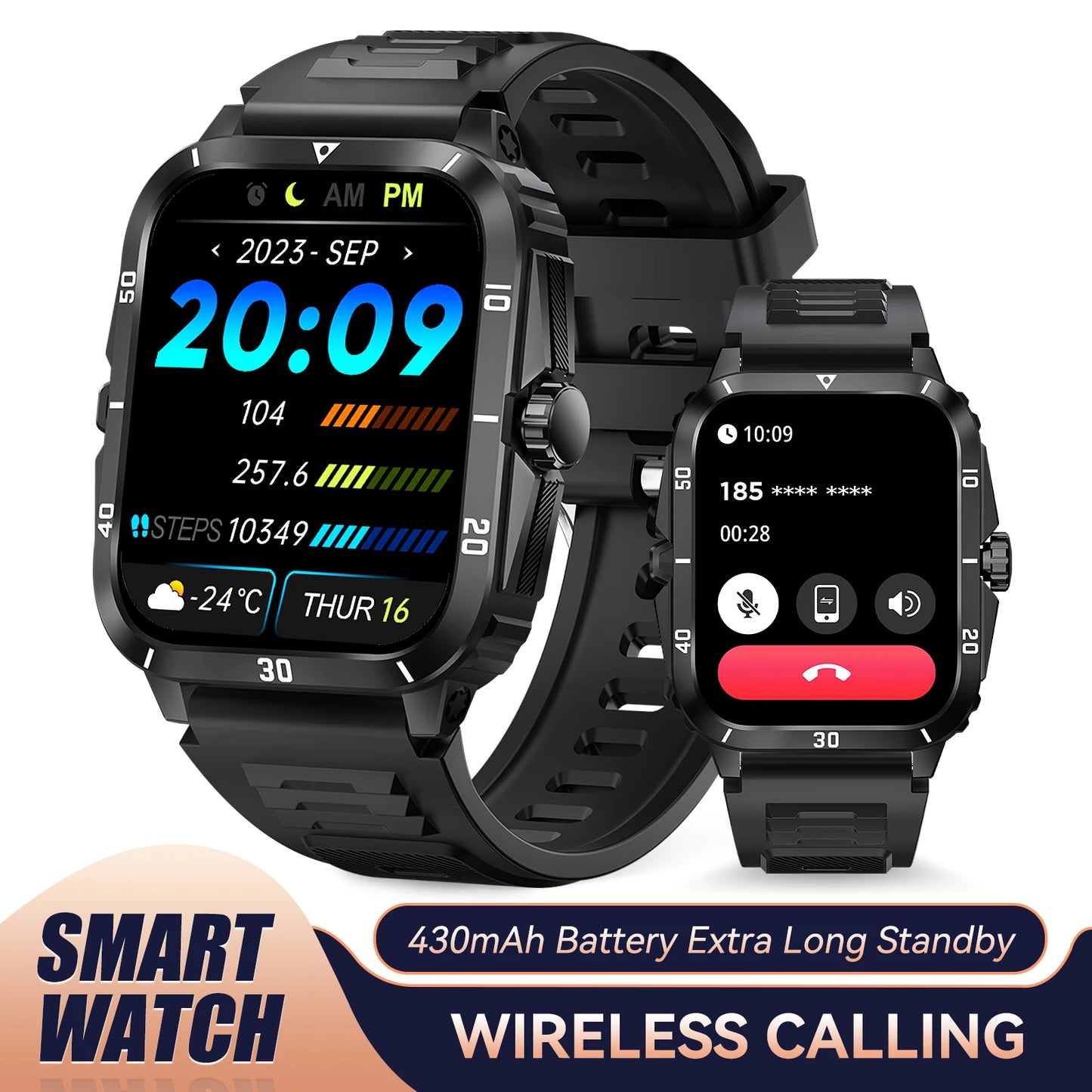 EIGIIS Reloj inteligente 3ATM impermeable 1.96" IPS militar KT71 para hombres 100+ modos deportivos Ritmo cardíaco Presión arterial Llamada Bluetooth