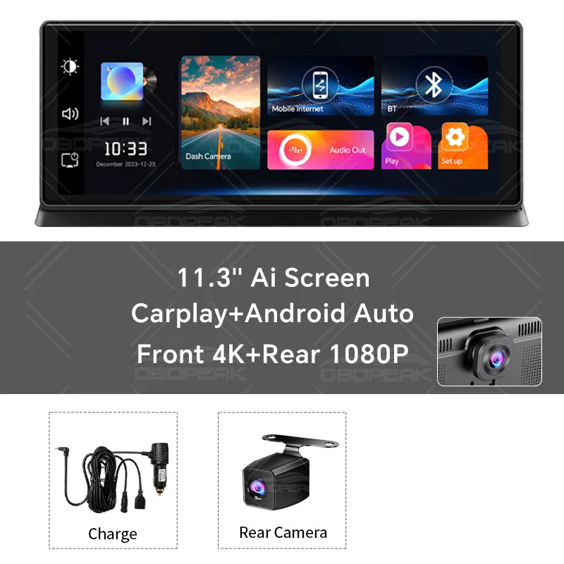 K2 Pro Wireless Car Dash Cam, 4K DVR Carplay Android Auto AI Screen, Len Video Recorder for Tourists, GPS Navigation, Prada Dashboard, 11.3 Inches