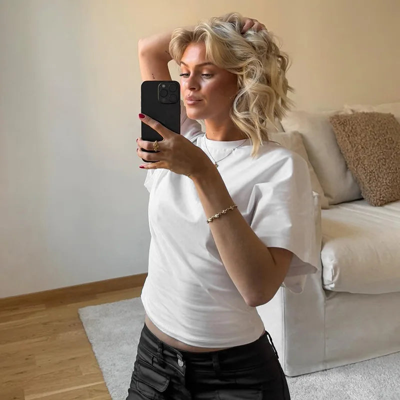T-shirt en coton manches courtes 220g — Y2K, décontracté, noir et blanc, col rond, femme (v2)
