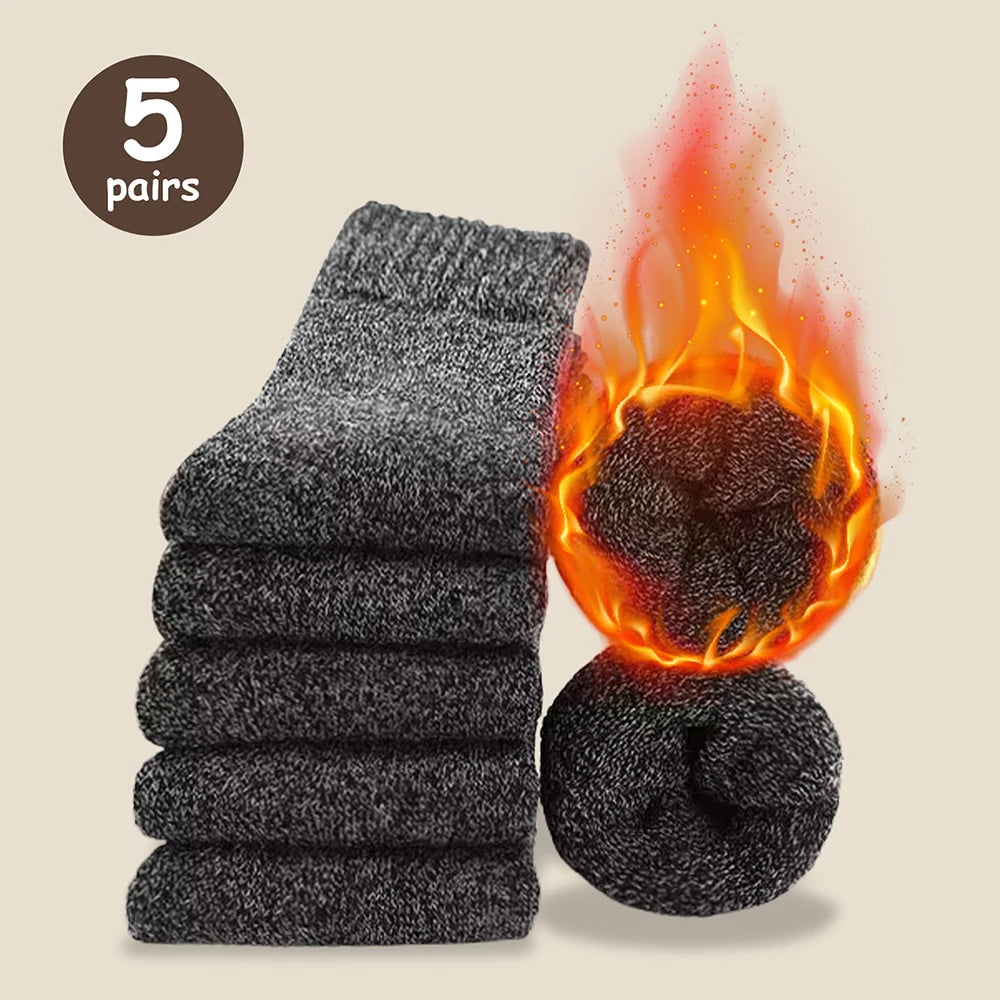 3/5 paires de chaussettes chaudes pour hommes, chaussettes épaisses en tissu éponge mi-mollet, chaussettes anti-froid pour bottes de neige, élastiques, couleur unie