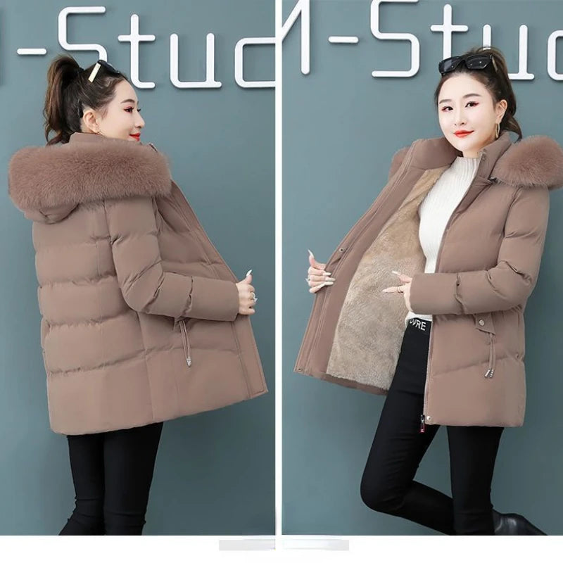 Chaqueta de invierno con capucha de algodón Smile para mujer, abrigo, parka cálida de piel, cortavientos, súper cálido, ropa de mujer