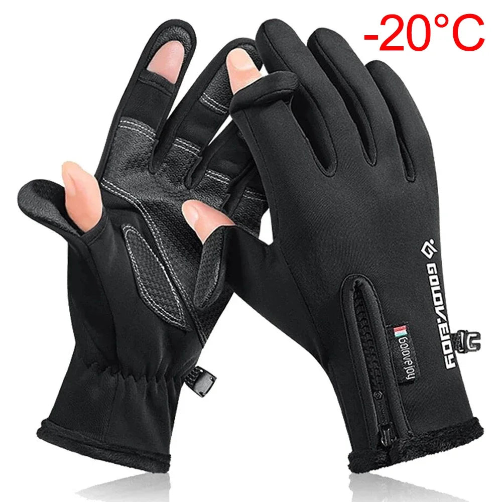 Gants de pêche imperméables d'hiver, 2 doigts, coupe-vent, pour femmes et hommes, Protection chaude en velours, gants de pêche au poisson