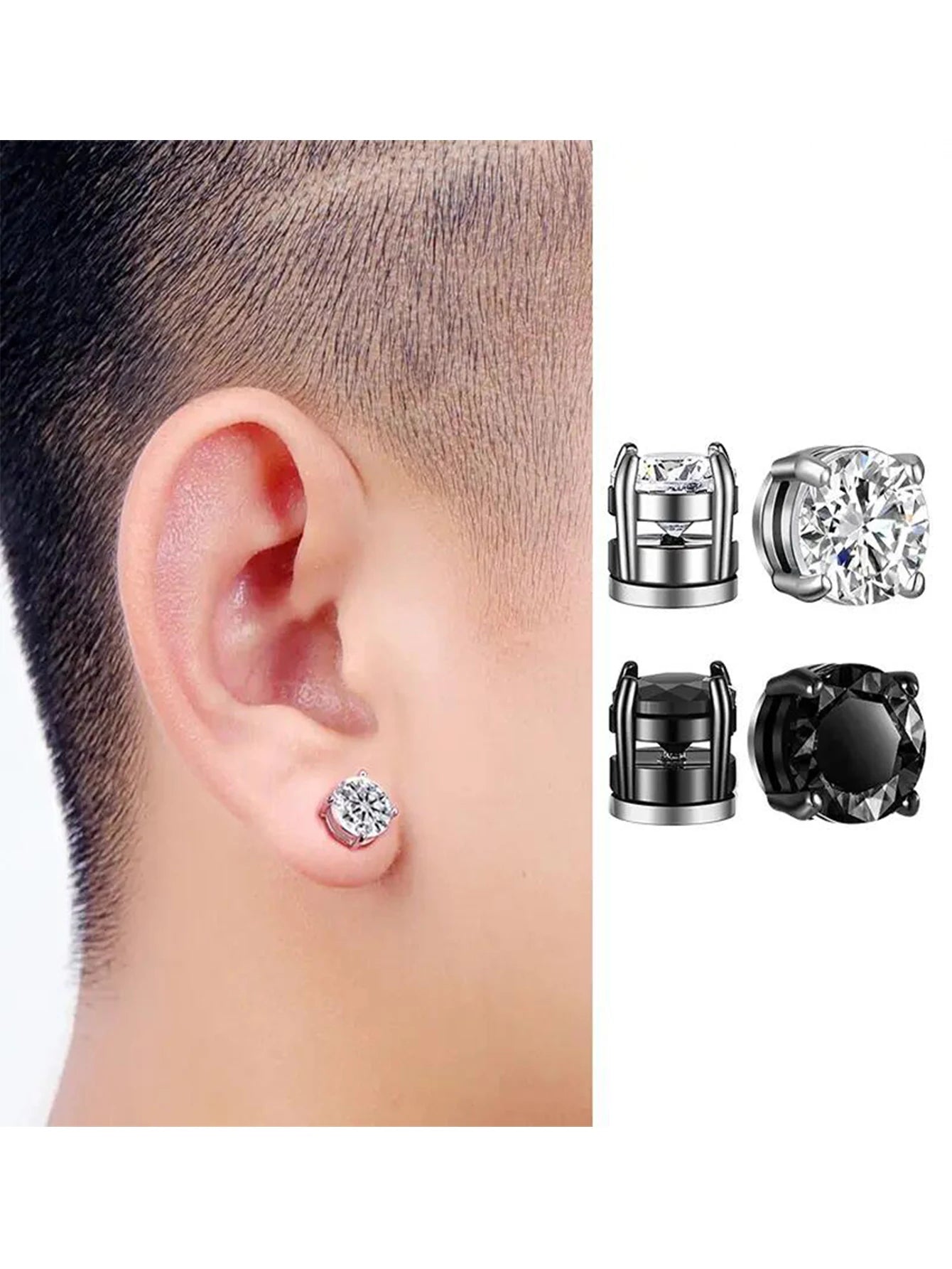Ensemble de faux boucles d'oreilles en acier inoxydable pour hommes, 1 à 10 paires, à la mode, avec trou d'oreille, aimant gratuit, zircon