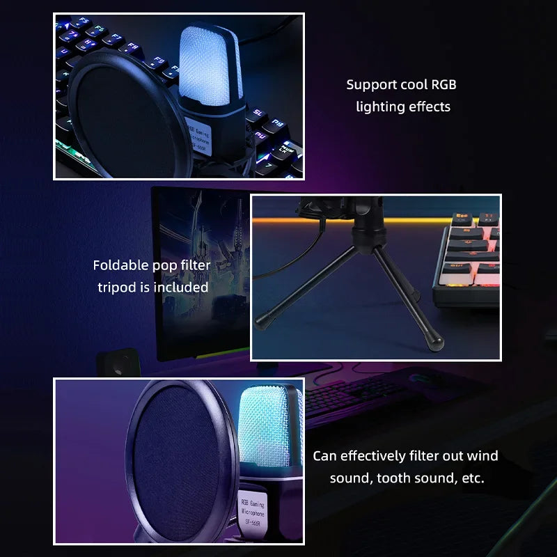 Microphone USB RGB à condensateur avec réduction de bruit – Micro gaming pour podcast et studio
