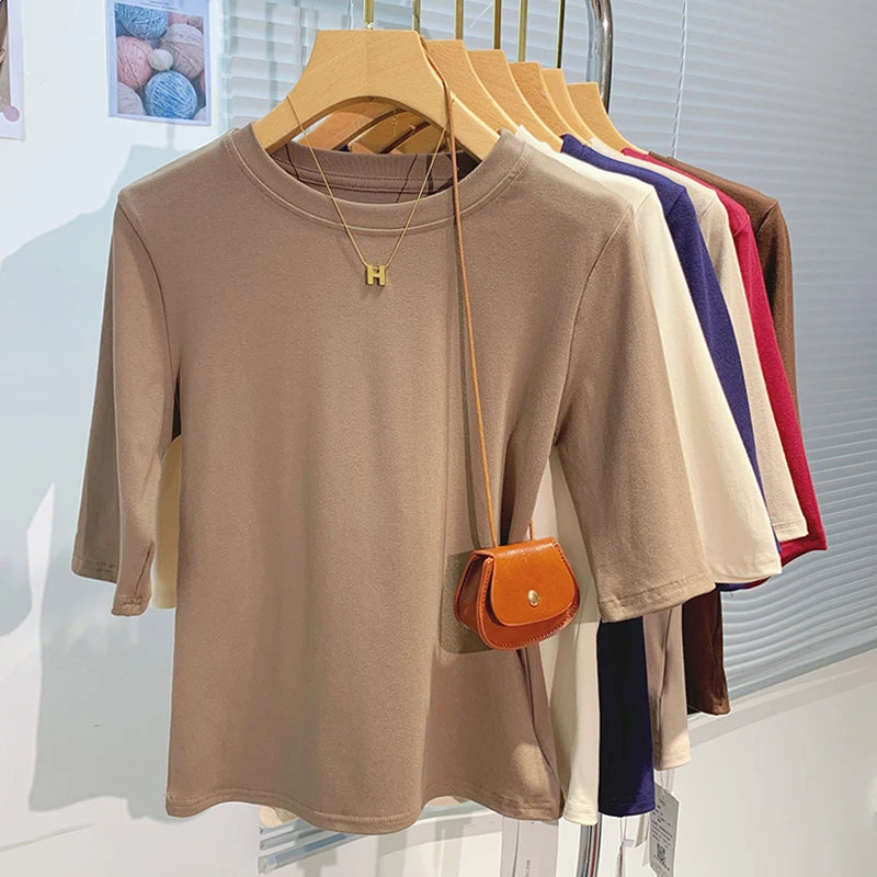 T-shirt femme 100% coton basique — col rond, tendance, uni, manches courtes, été 2026
