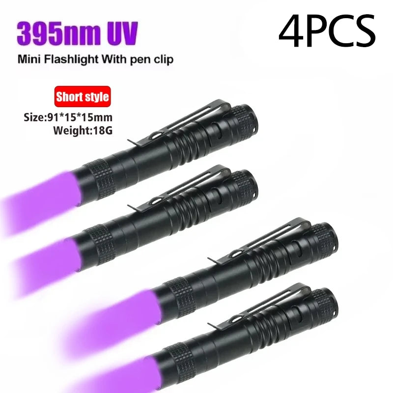 Lampe de poche UV 395nm, torche ultraviolette avec pince à stylo, piles AAA portables utilisées, lumière violette, détecteur d'urine animale et de Scorpion, lampe UV