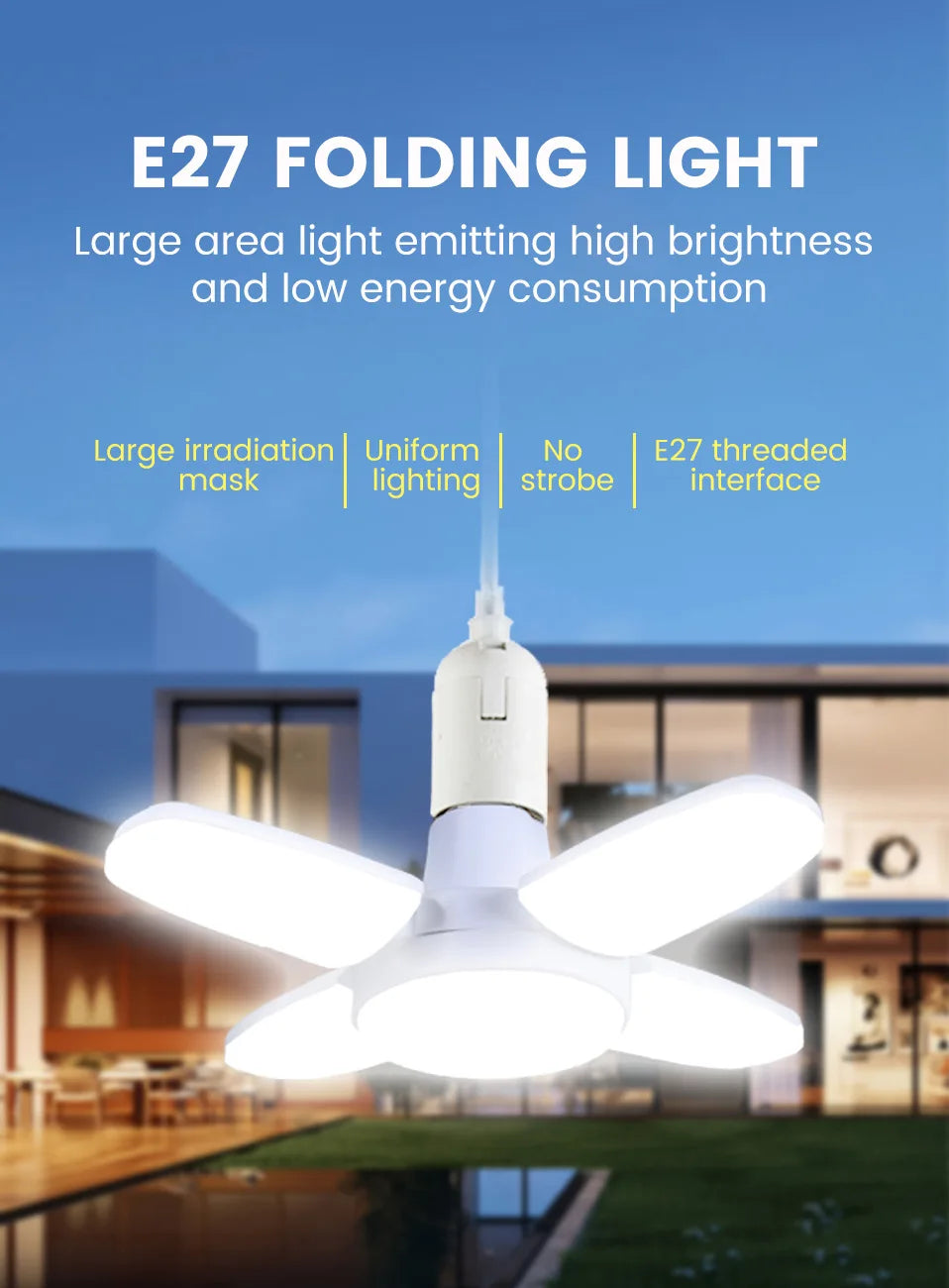 Ampoule LED pliable en forme d'éventail E27, déformation AC220V/110V pour plafonniers domestiques, entrepôt et Garage, feuille blanche 6500K