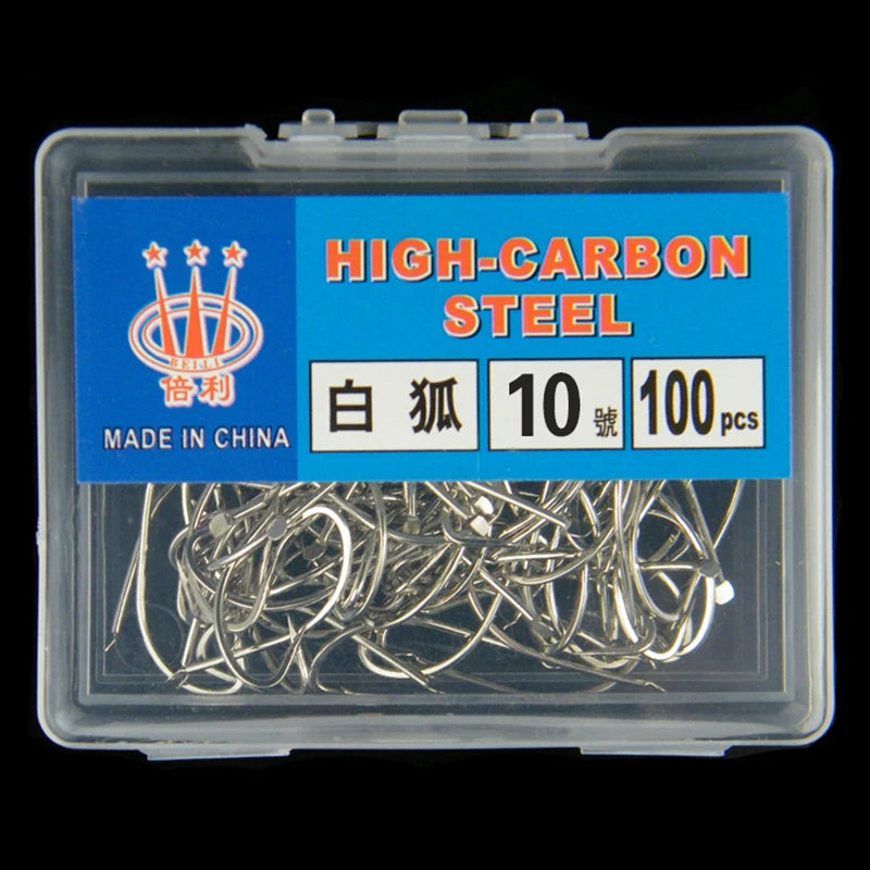 100pcs Barbed Silver High Carbon Steel Hooks for Fishing White Fox, Pelteobagrus Fulvidraco and Striped Catfish