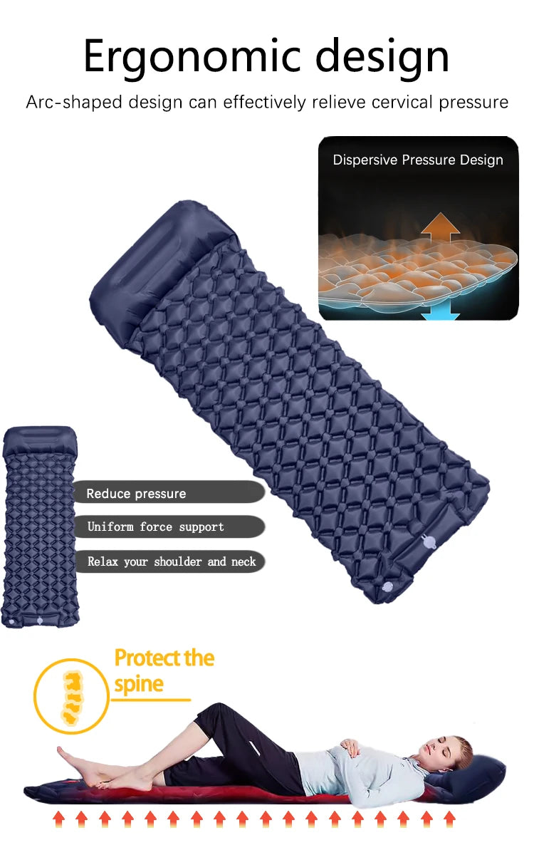 Matelas gonflable de camping en plein air, coussin de couchage avec oreillers, polymères d'air ultralégers, pompe de gonflage intégrée, randonnée