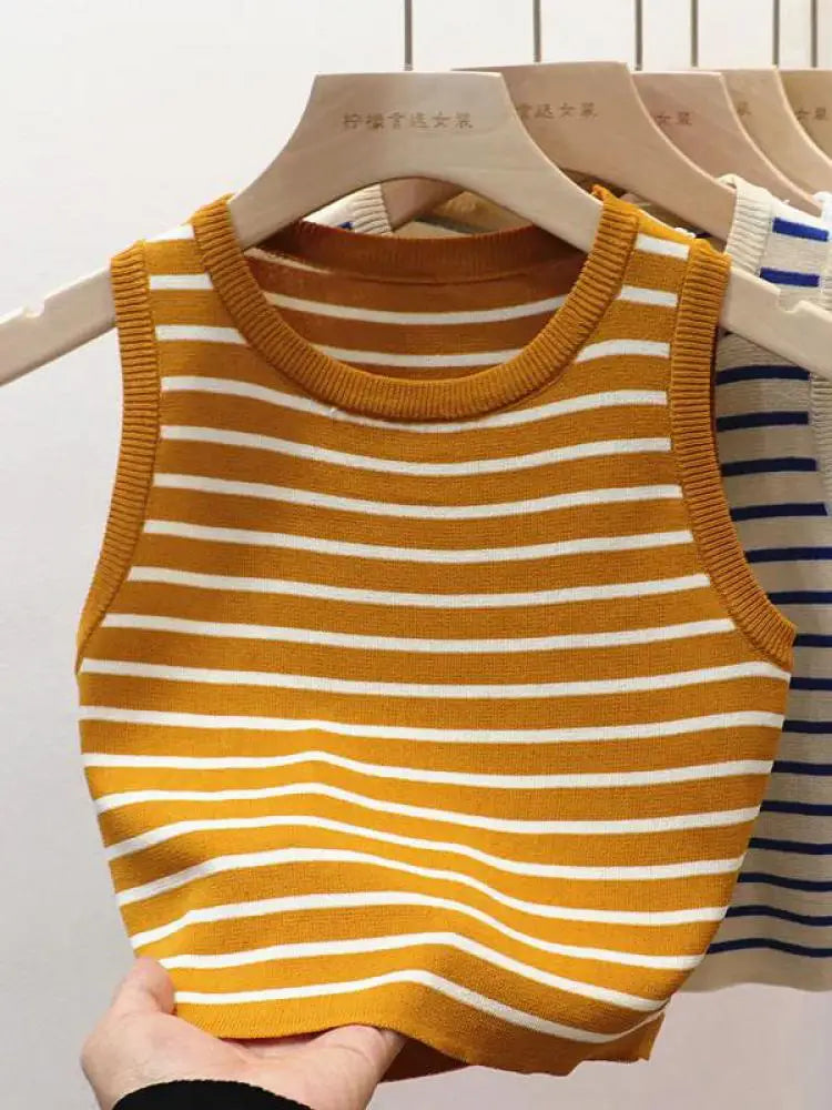Débardeurs rayés tricotés sans manches pour femme, collection Printemps-Été 2026, style crop top, coupe ajustée élastique, décontracté, pull-over, camisole