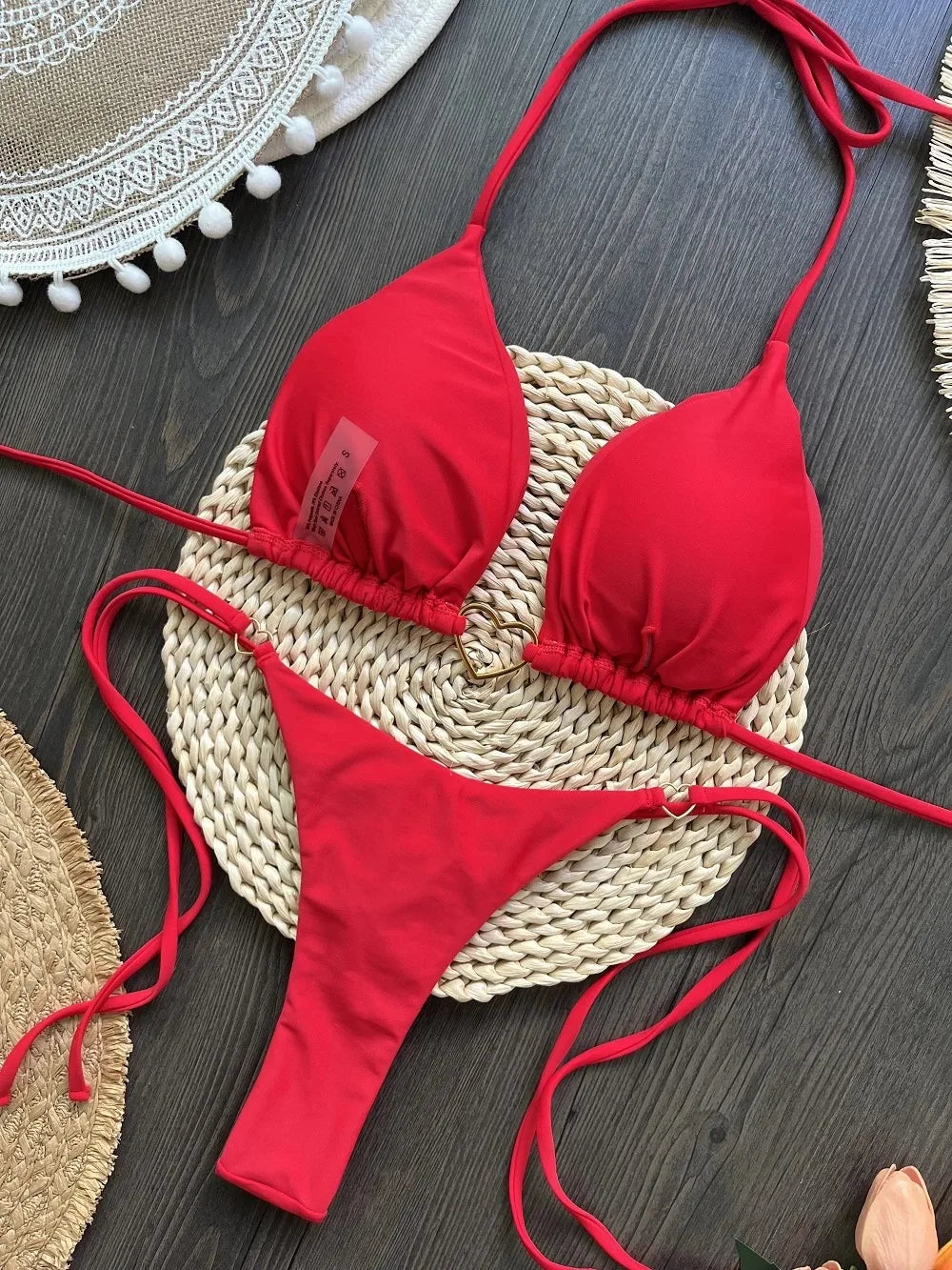 Ensemble bikini sexy dos nu couleur unie taille basse pour femme, maillot de bain deux pièces triangle string brésilien