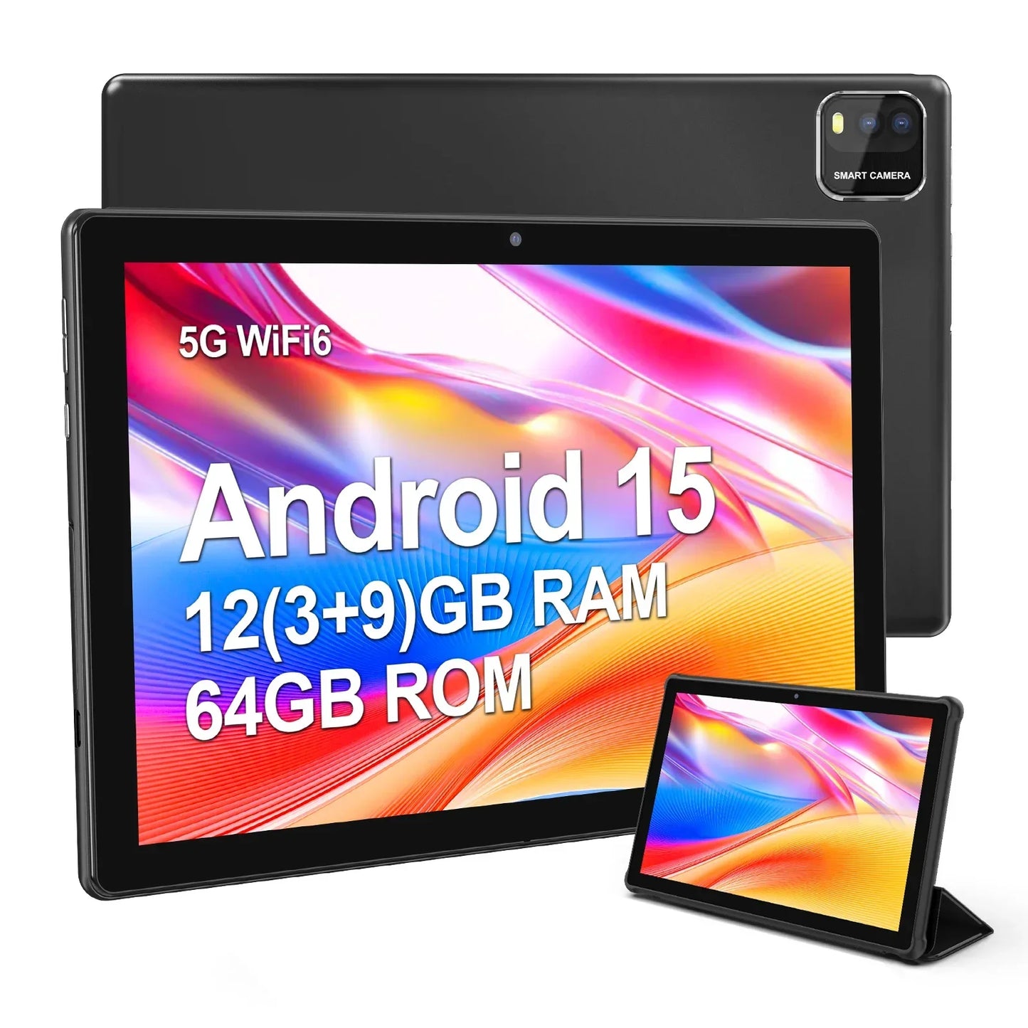 BAKEN Tableta Android 15 de 10 pulgadas, procesador de cuatro núcleos, 12 GB (3+9 de expansión) RAM + 64 GB de almacenamiento, WiFi 5G, cámara dual 1280*800